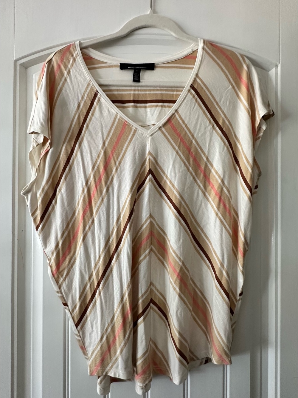 White House Black Market Cream Striped V-Neck Top with Tan & Brown Accents